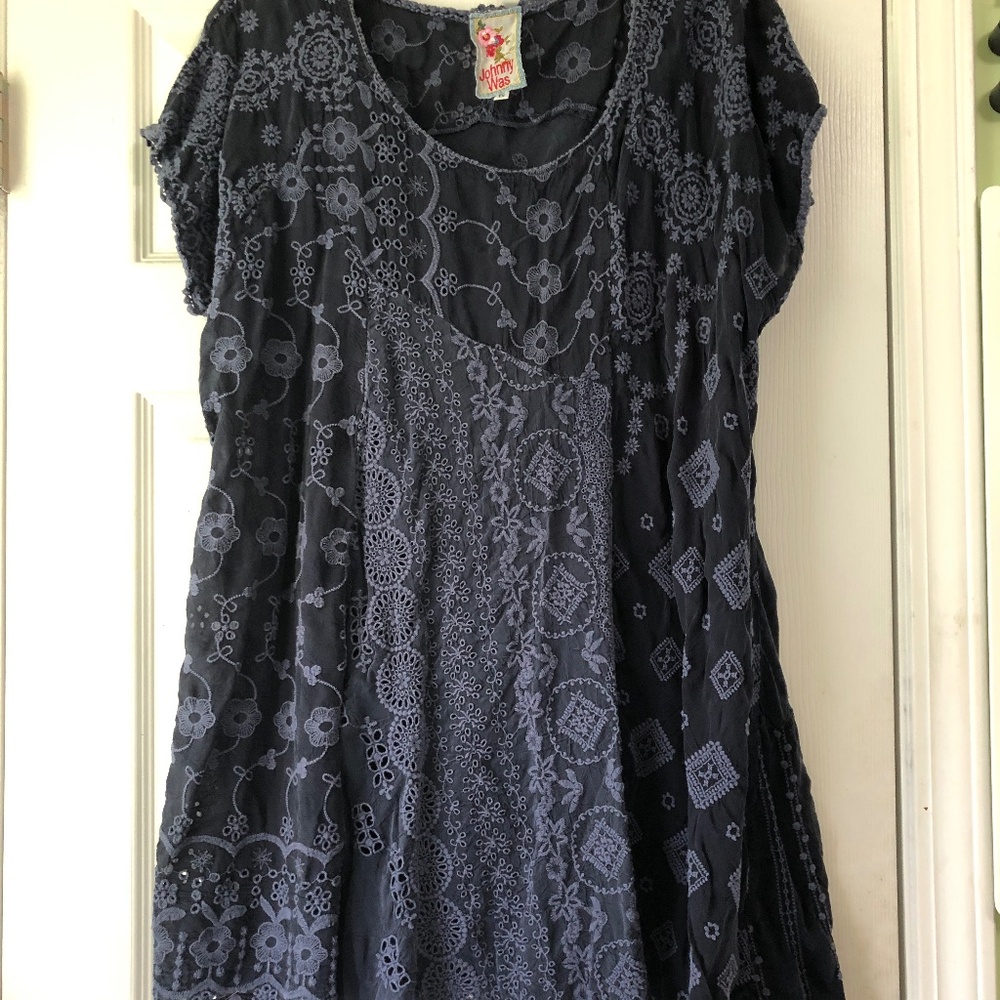 Johnny Was Navy blue embroidered top